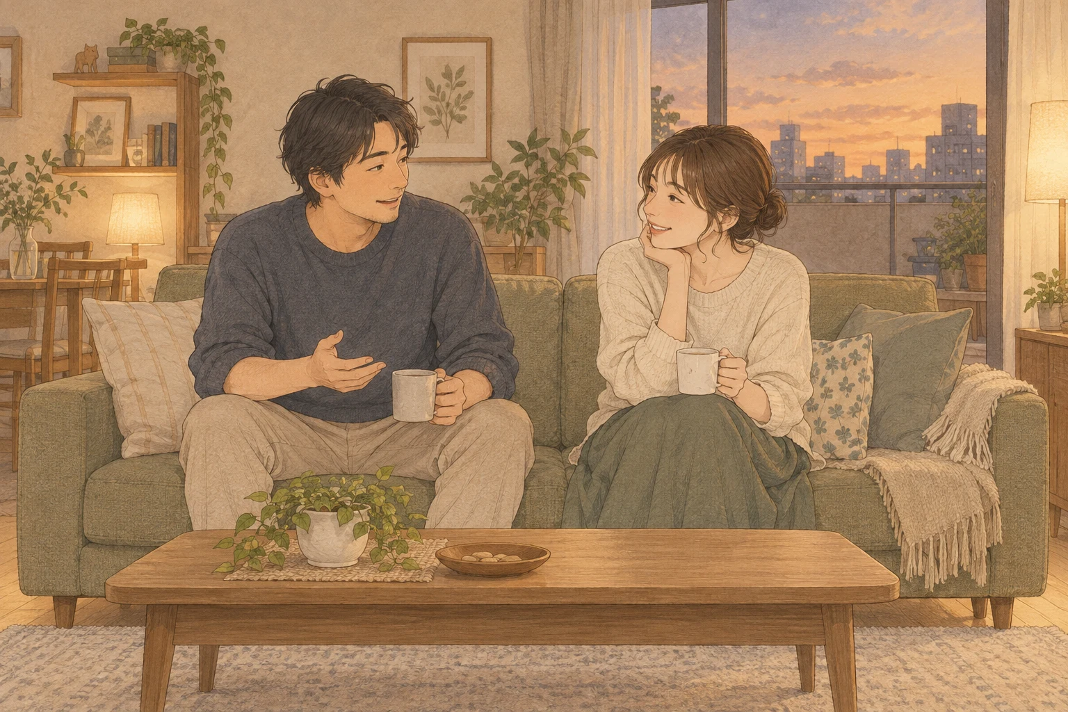 夕暮れの居間で、ソファに座って話す夫婦のイラスト